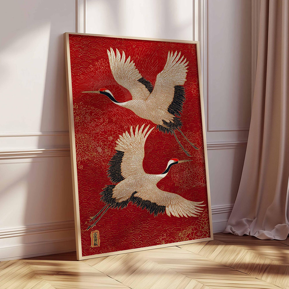 Home Decor Japandi Style - Japanese Flying Cranes Canvas Prints Poster