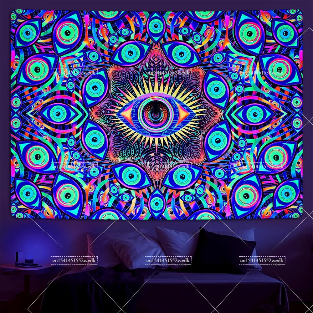 Home Decor Hippie - Blacklight Eyes Tapestry Boho Mandala Black
