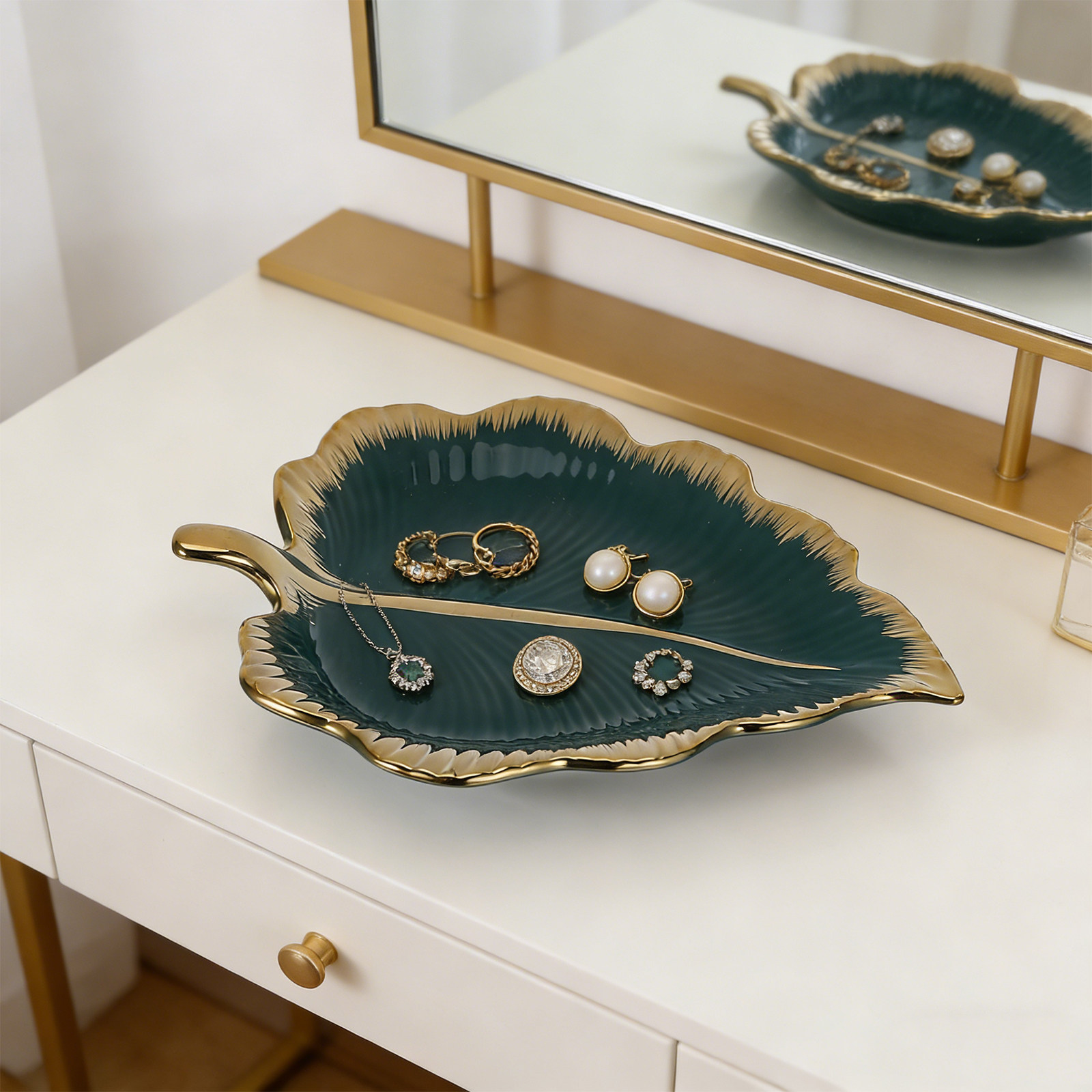 Green Ceramic Leaf Jewelry Tra - Ceramic Trinket Dish 评论和价格