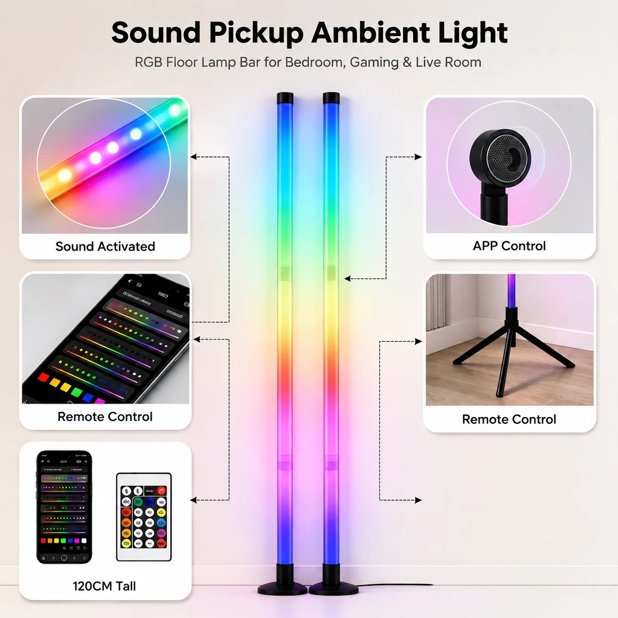 2PCS 120CM RGB Floor Lamp, Sou - Home Decor Light 评论和价格